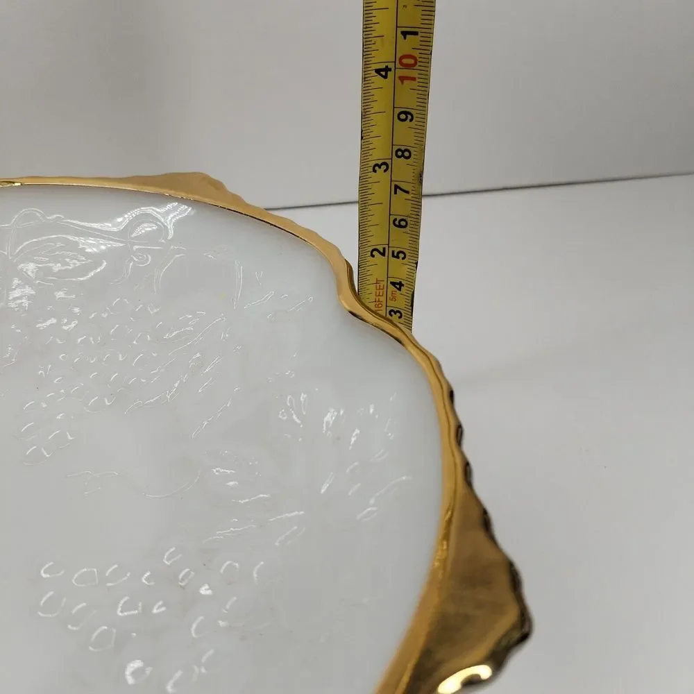 Anchor‎ Hocking Grape Leaves Milk Glass Low Pedestel Square Bowl With Gold Trim
